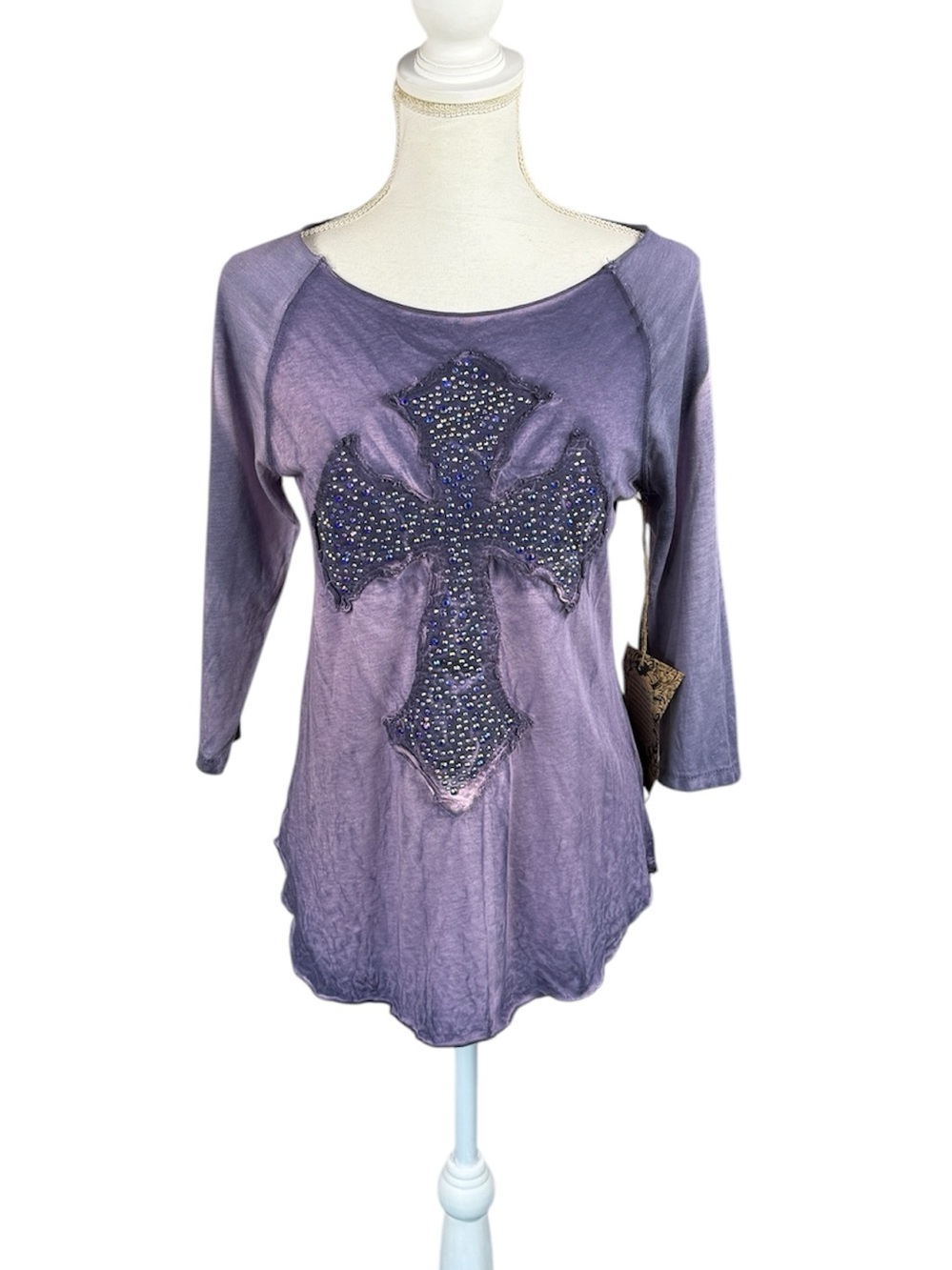 Velvet Stone Purple Tee Raw-edge Cross appliqué with Rhinestones Size Medium